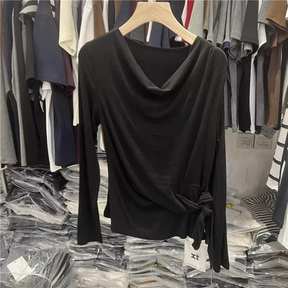 Women's Long Sleeve Striped T-Shirt Shoulder Baring Side Tie Base Shirt Versatile Autumn Fashion Design Cotton Top.