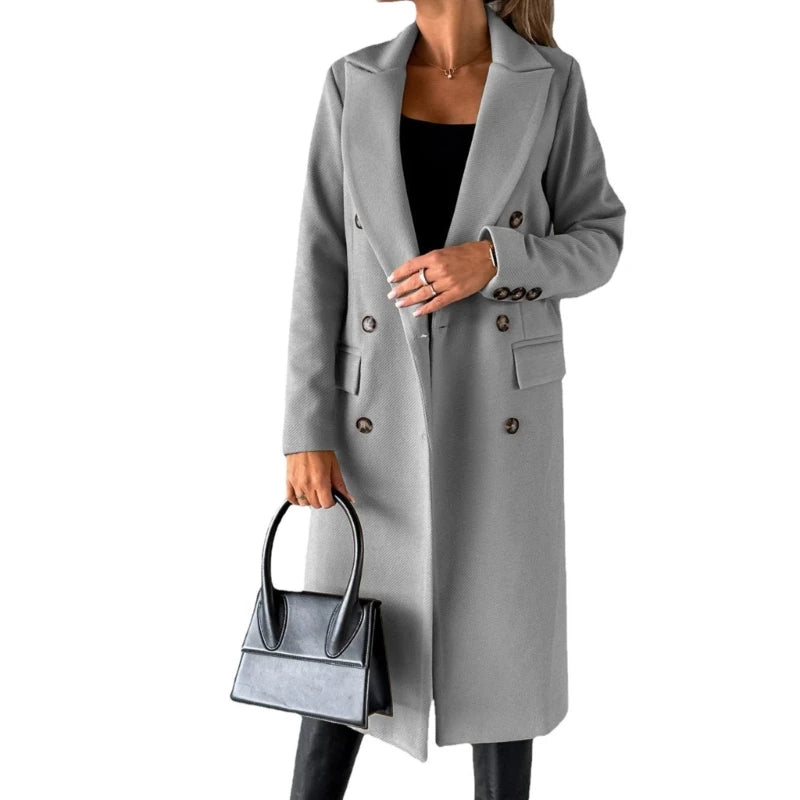 Damen-Mantel aus Wollmischung, langärmelig, zweireihig, Jacken, Mantel mit Tasche, warmer Winter-Trenchcoat, Oberbekleidung.
