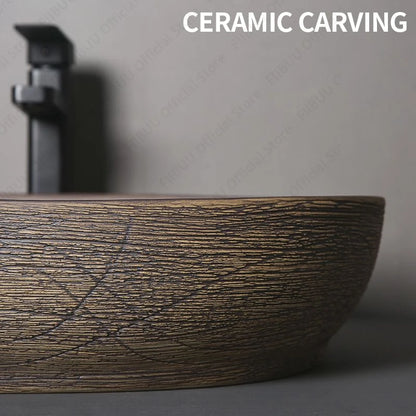 Braunes Keramikgefäß, Waschbecken, Waschtisch, Schüssel, ovaler Badezimmertisch, Waschbecken, Toilette, Balkon, Kunstbecken, über der Theke, Sockelwaschbecken