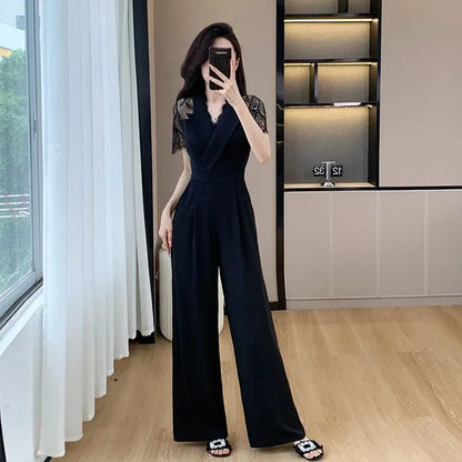 LYX High-Cold Lady Style Romper Women Summer Short Sleeve High Waist Lace Splicing Hollow out One-Piece Straight Leg Pants.