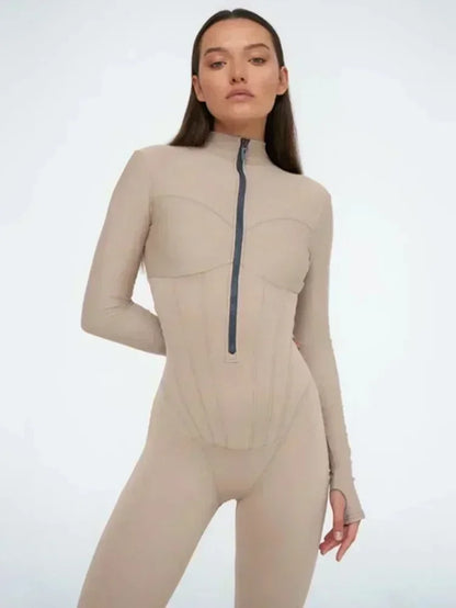 Elegant Women Zip-up O-neck Long Sleeve Jumpsuit Streetwear 2025 Summer Autumn Female Overalls One Piece Fitness Sports Bodysuit.