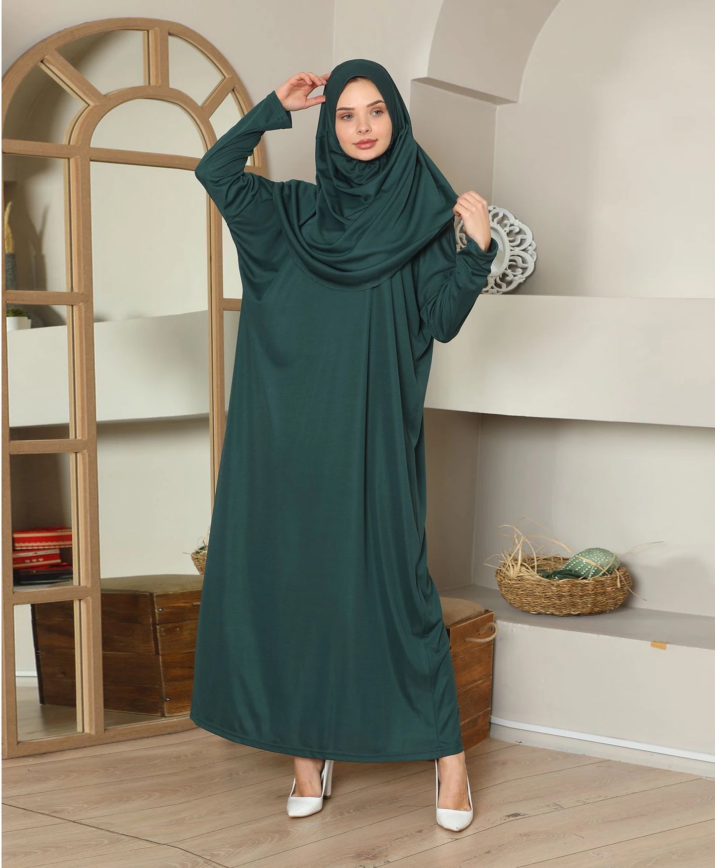 Modest Hooded Prayer Dress Muslim AbayasFull Sleeve One-piece Kaftan Women Ramadan Jilbabs Hijab Dresses Islamic Clothing.