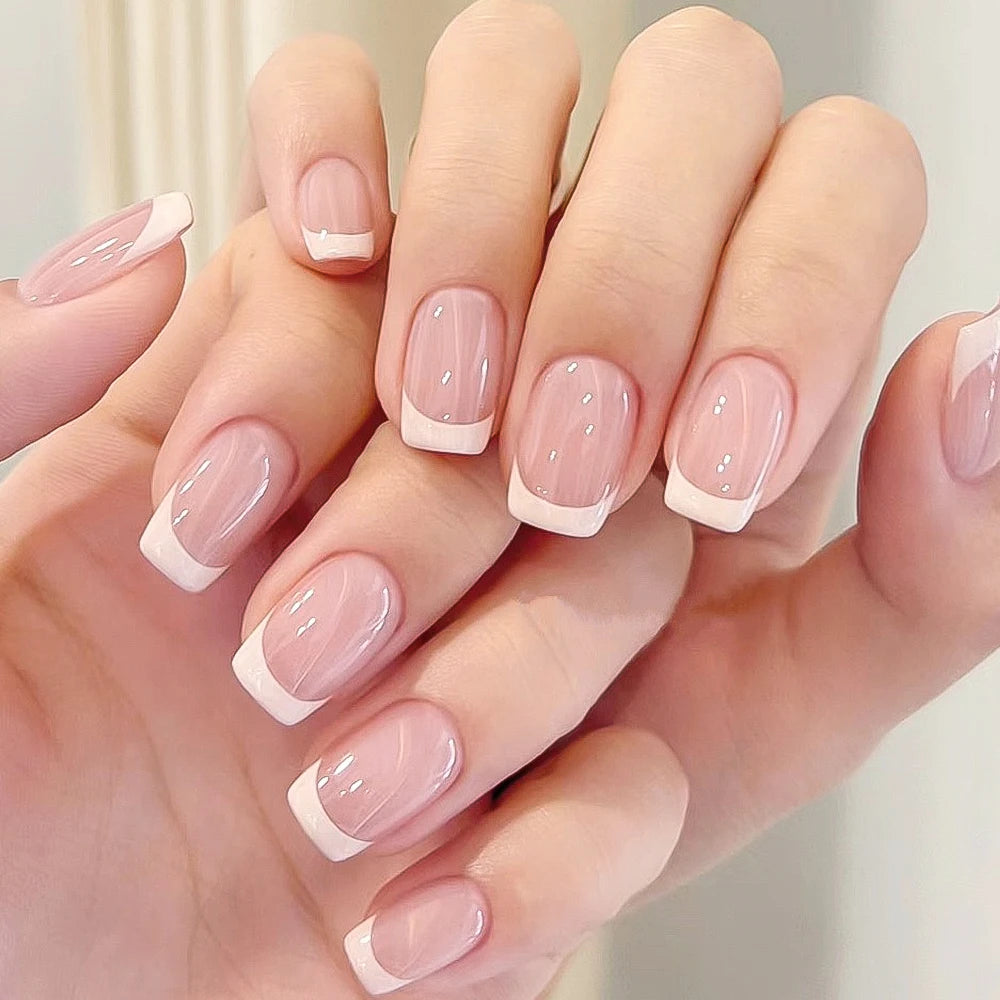 24pcs(+Tools) Pearl Bow Nude Pink Press On Nails White French Fingertips Almond Full Cover Fasle Nails New Year Nail Accessories