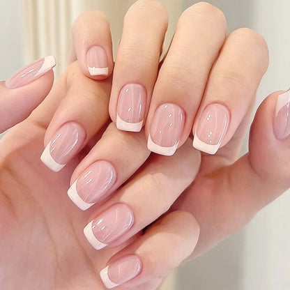 24pcs(+Tools) Pearl Bow Nude Pink Press On Nails White French Fingertips Almond Full Cover Fasle Nails New Year Nail Accessories