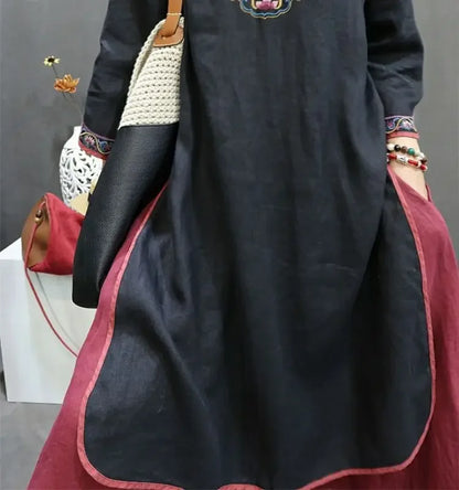 Damen-Bluse im Vintage-Stil aus Baumwolle und Leinen, mittellang, siebte Ärmel, Stickerei, ethnischer Rock mit lockerer Passform, chinesischer Stil