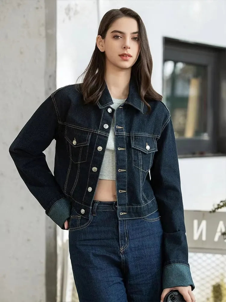 HH Women Vintage Denim Jacket Pant Sets Single Breasted Lapel Long Sleeve Coat Wide Leg Trousers Jeans High Street Outfits.