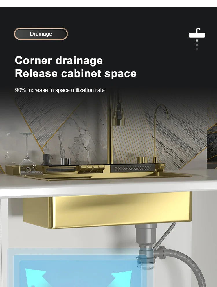 Golden Stainless Steel Waterfall Kitchen Sink Gold Embossed Extra Large Single Slot Digital Display Dishwashing Basin 100x50cm