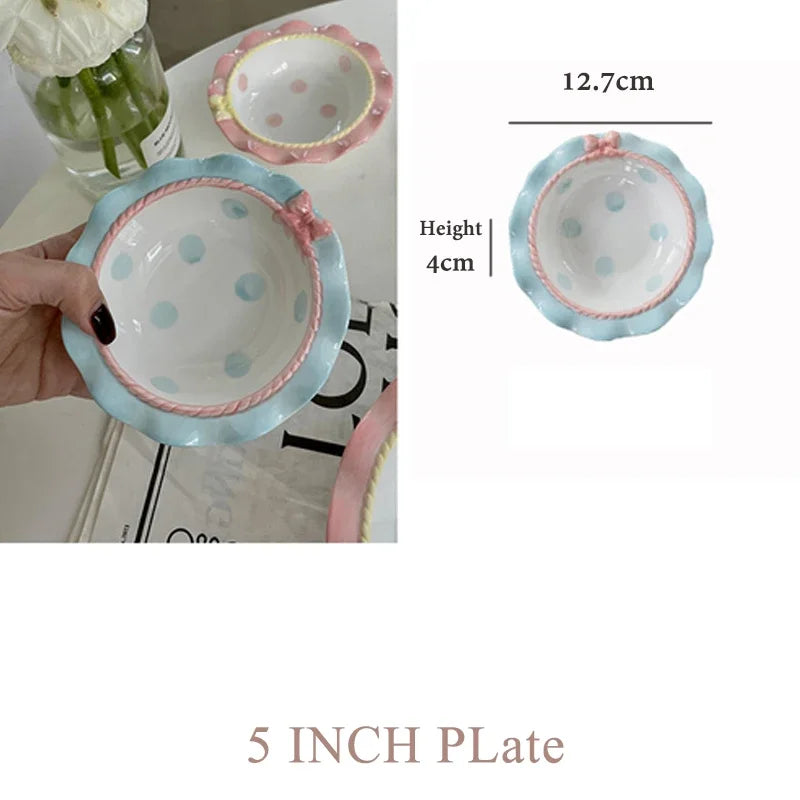 Cartoon Pink Ceramic Dinner Plate with Bow Knot, Household Dish, High Temperature Resistant, Deep Dish, Kitchen Tableware Set.