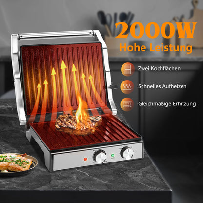 Aigostar contact grill, ceramic-coated, 30-minute timer. Panini grill and sandwich maker for sandwiches, steak, and toasters.