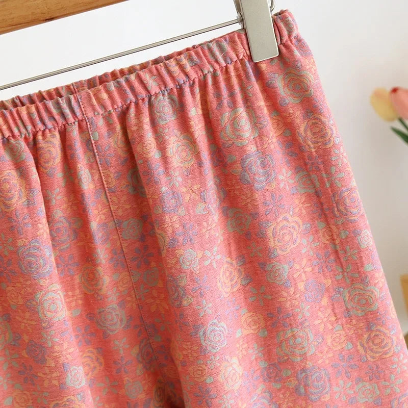 100% Cotton Crepe Homeclothes 2023 Autumn/Winter Women's Pajamas Suit Long-Sleeved Trousers 2-piece Yarn-Dyed Jacquard Pajamas