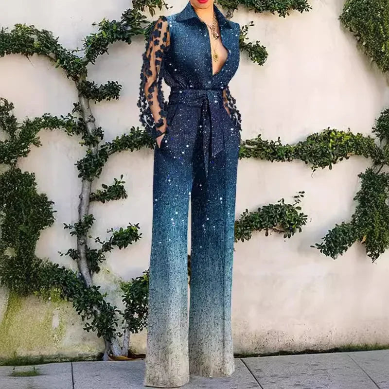 Sexy Fashion Lace Long Sleeve High Waist Single Breasted Wide Leg Pants Overalls Romper Onepices Elegant Women Corset Jumpsuit.