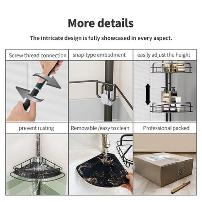 4-stufiges verstellbares Eck-Duschregal (82–296 cm) – kein Bohren, Spannstange, dreieckiger Organizer für Badezimmer, Küche, Aufbewahrung mit Haken