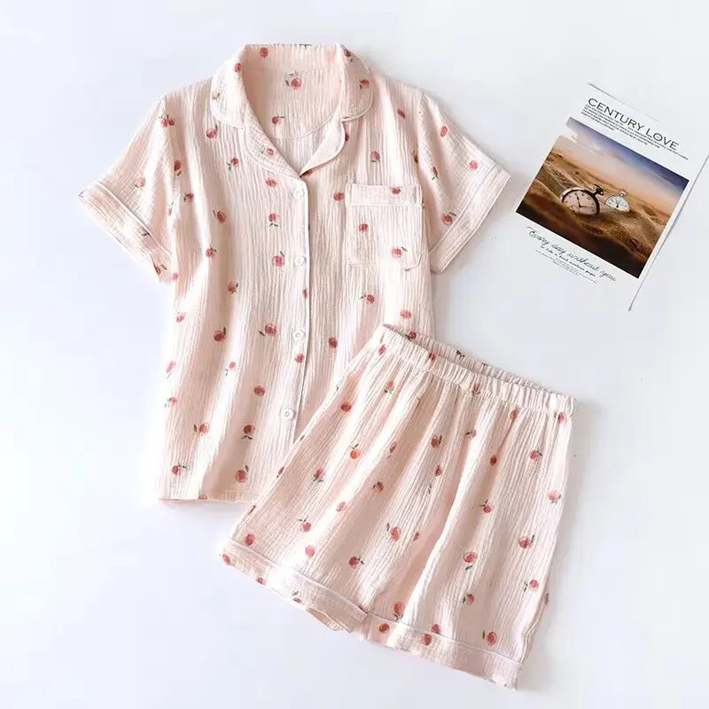 2025 sommer Damen Kurzarm Shorts Pyjamas Set 100 % Baumwolle Krepp Tuch Dünne Hause Service Zwei-stück Frühling und Herbst Lose