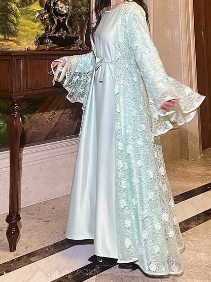 Muslim Women Abaya Dress 2 Piece Set Flare Sleeve Lace Sequin Satin Morocco Caftan Dress Musulman Ensembles Cadigan Outfit Suits.
