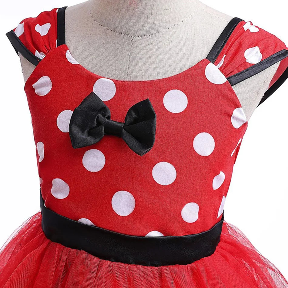 Disney Minnie Maus Polka Dot Kleid Mädchen Rosa Rot Sommer Kleidung Kinder Geburtstag Karneval Weihnachten Party Bogen Mesh Kleid Kostüme.