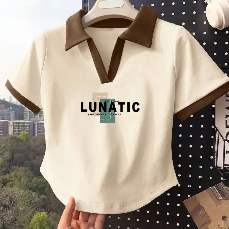 White Short Sleeve Popl Shirt Women's Summer T-shirt 2025 New Style Korean Version Small Size Shoulder Collar Top Cotton Materia.
