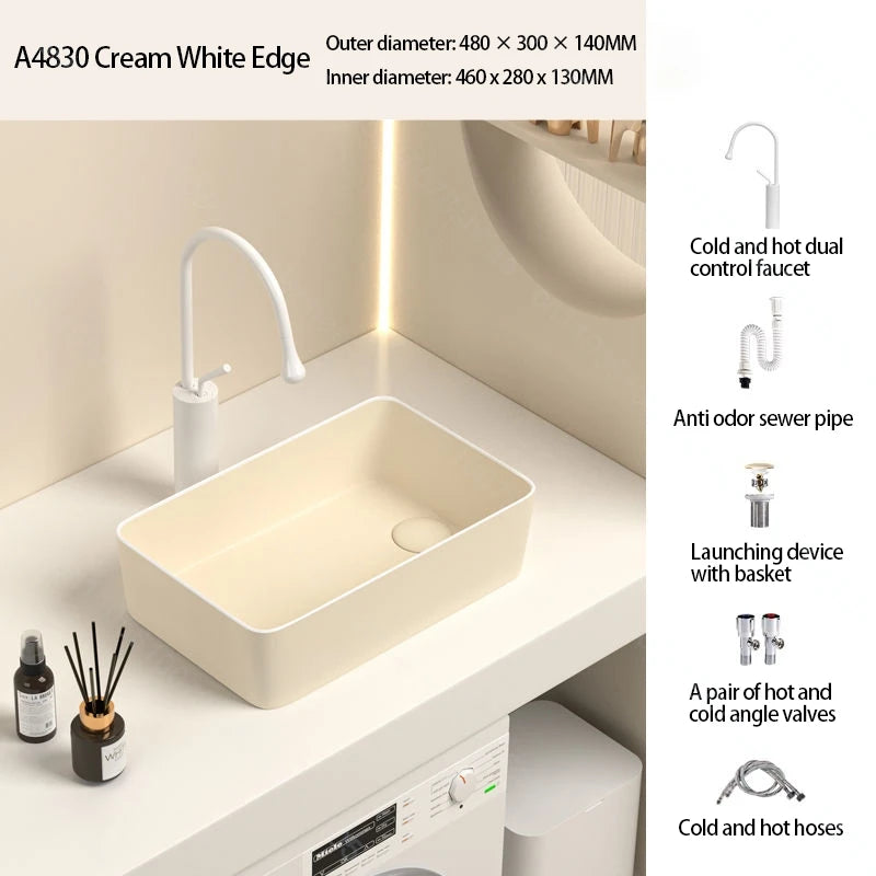 Rechteckiges Waschbecken aus Porzellan-Keramik für Badezimmer, modernes Waschbecken über der Theke mit Abflussset, Waschtischwaschbecken auf der Arbeitsplatte