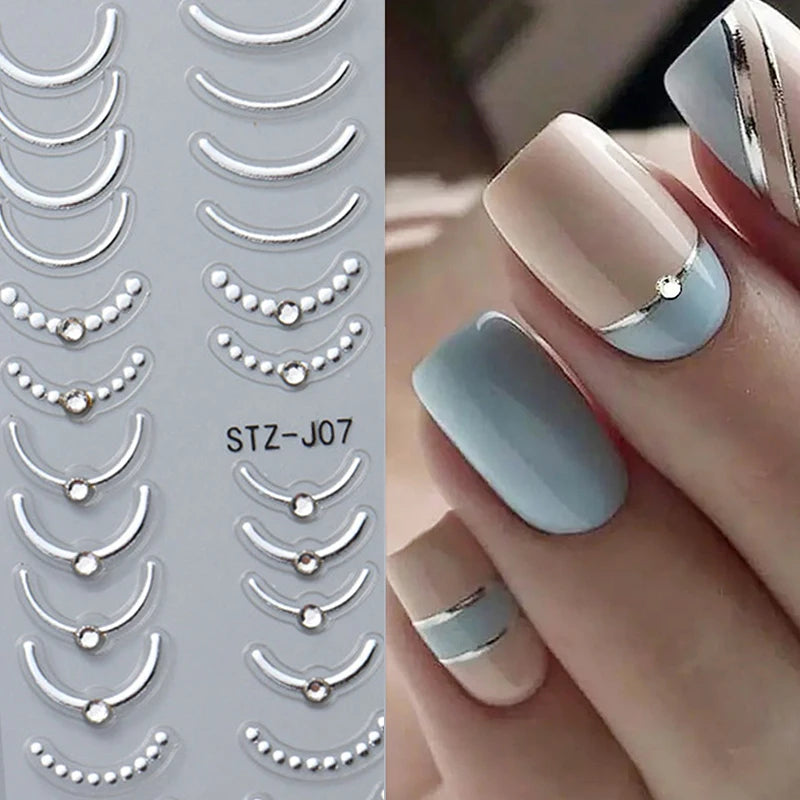 French Tips Nail Sticker 5D Embossed Crystal French Nail Decals Gold Silver Black Line Design Adhesive Slider Nails Art.