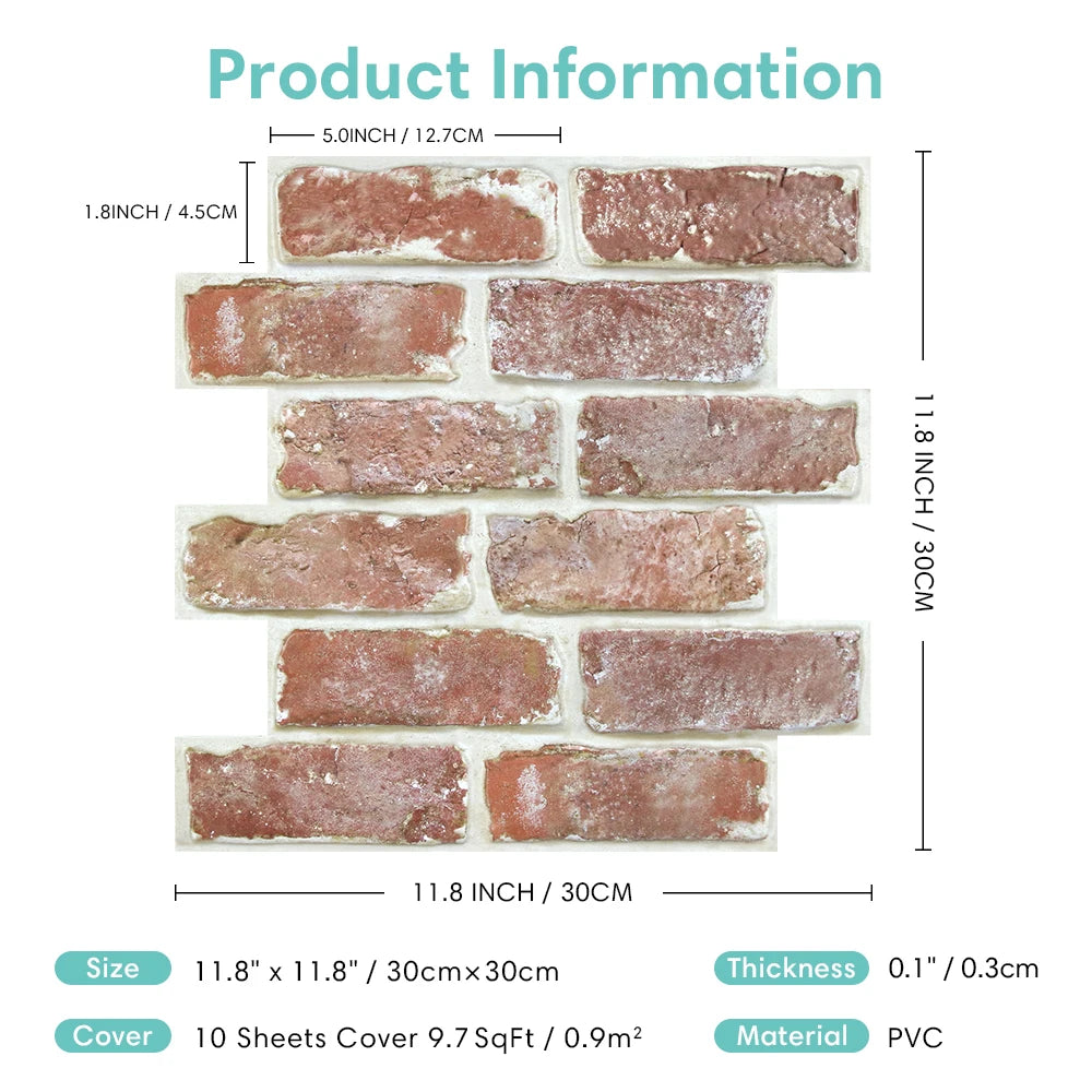 10 Pcs 3D Wall Panels Peel and Stick, 3D Brick Wall Stickers, Adhesive Tile Backsplash Kitchen, Bathroom Decoration