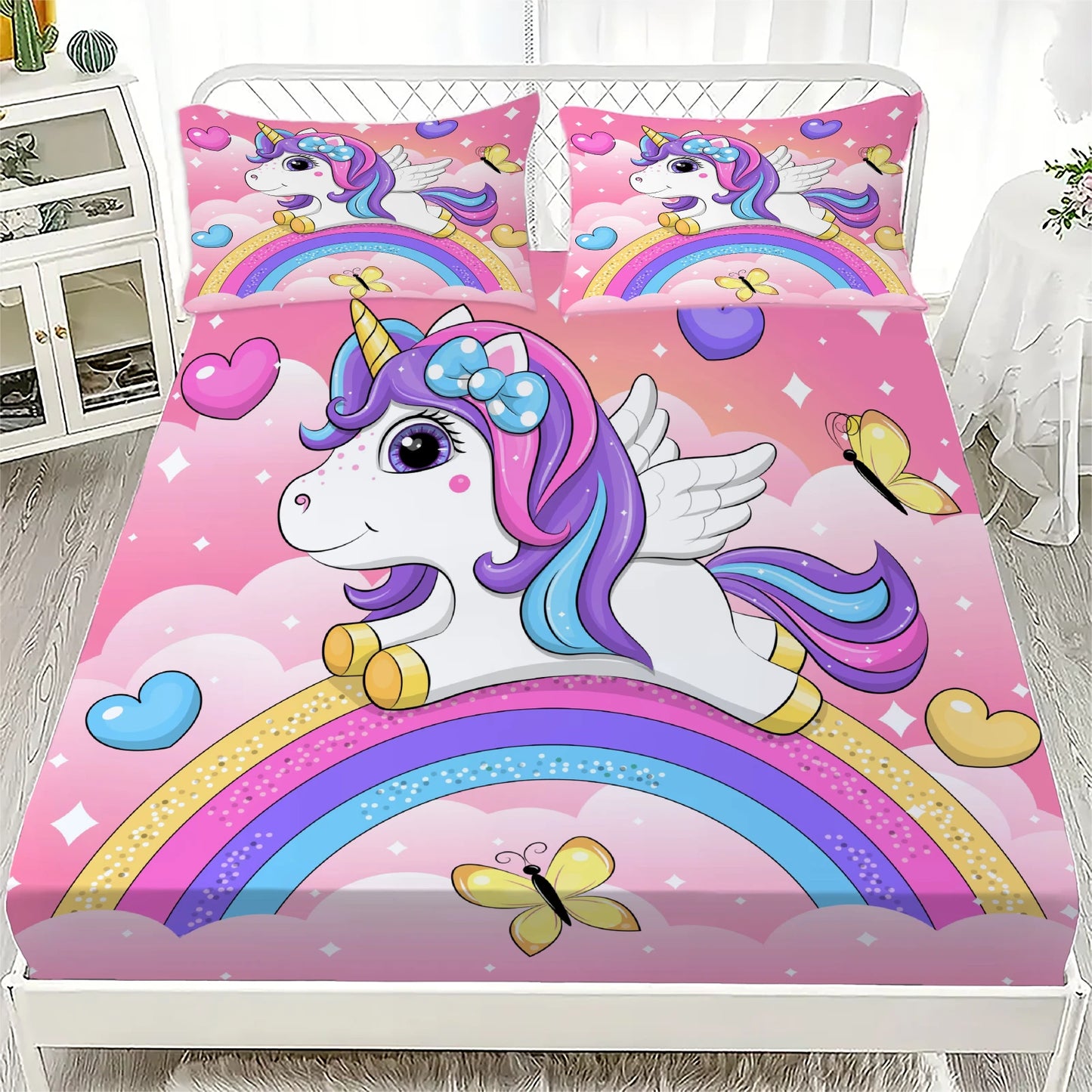 3D Fitted Sheets Set Unicorn Pattern Cute Bedding Set Printed With 1/2 Pillowcases Customized For Boys And Girls Kids Decorate.