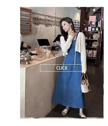 Blue Mist Love Französisches Jeanskleid für Damen, Sommer, einzigartiges Design, Taille, Cinching-Riemen, langes Kleid, elegante blaue Polyesterfaser.