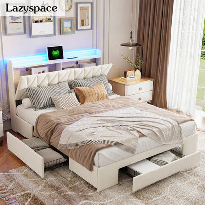 Lazyspace 140 x 200 cm großes Doppelbett mit Kopfteil, gepolstertes Bett mit 3 Schubladen, LED-Beleuchtung, USB Typ C, Samt, Beige, keine Matratze