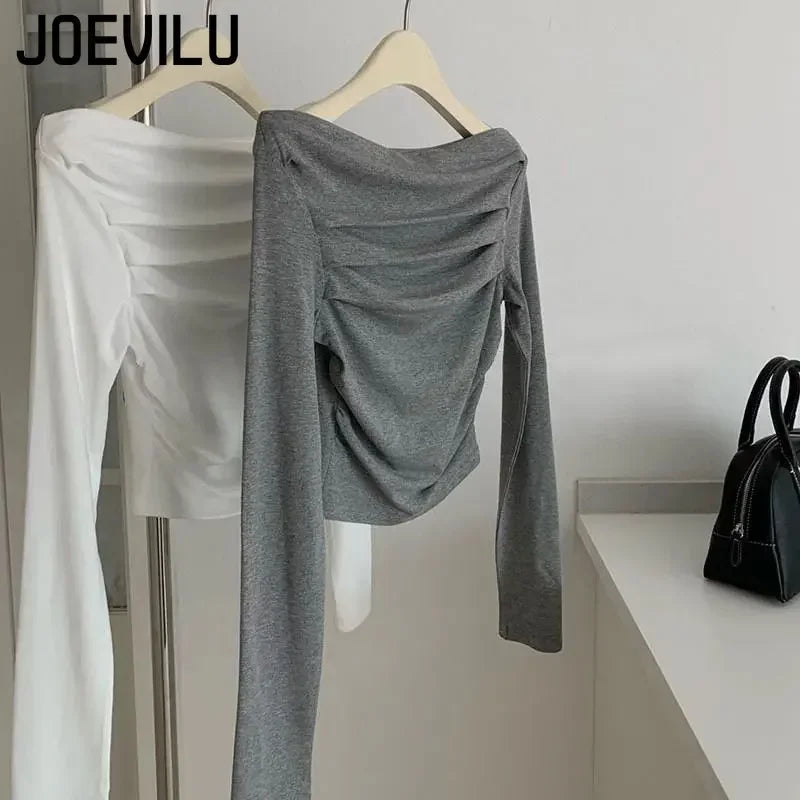 JOEVILU Pleated Off Shoulder Crop Tops Women's Slim Fit Long Sleeve T-shirt Korean Fashion Niche Base Shirt Aesthetic Clothes.