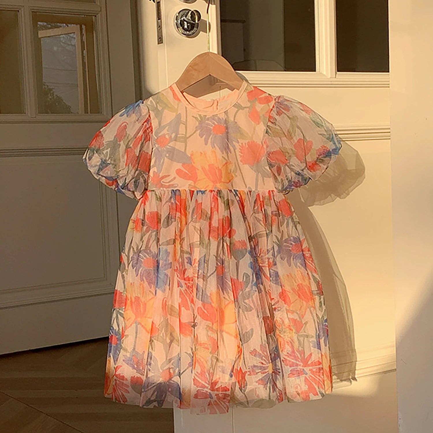 2023 sommer Kinder Kleidung Puff Sleeve Blumen Druck Kleid Für Mädchen Mesh Kinder Kleid für Mädchen.
