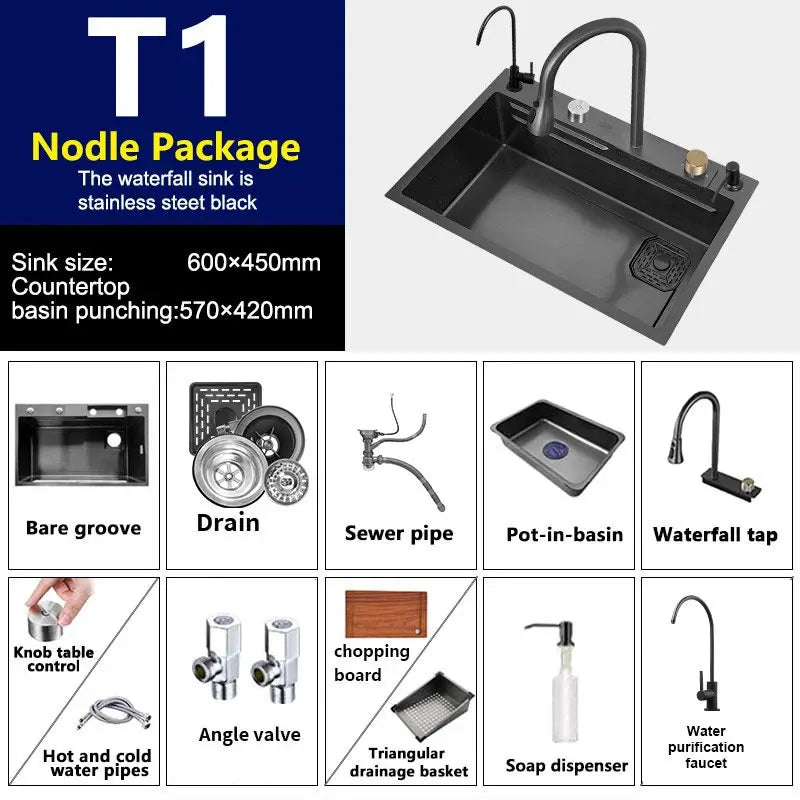 Waterfall Sink Kitchen Stainless Steel Topmount Sink Large Single Slot Wash Basin With Multifunction Touch Waterfall Faucet