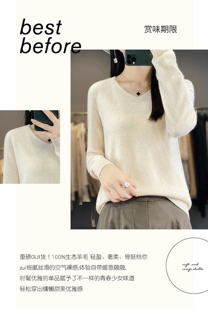 Women 100% Merino Wool Sweater V-Neck Basic Pullover Autumn Winter Cashmere Clothing Long Sleeve Soft Knitwear Tops Solid Color.