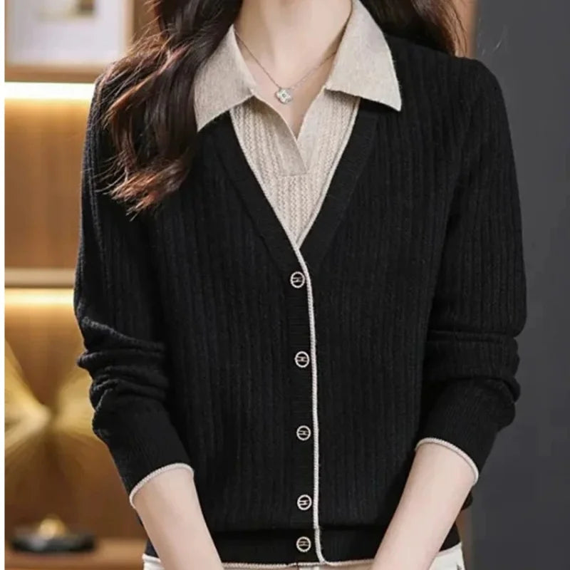 Gestrickte Frauen Top Lange Ärmeln Faux Zwei-Stück Pullover Frühling Herbst drehen-unten Kragen Modische Stilvolle Pullover Basis schicht Top.