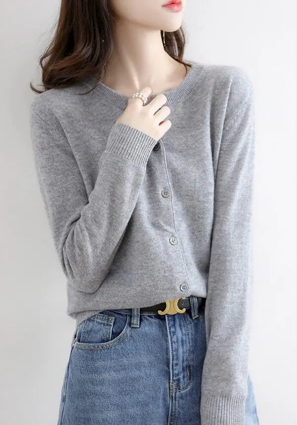 Women Knitted Cardigans Autumn Winter 2025 Round Neck Casual Long Sleeve Tops Solid Basic Soft Sweaters Female.
