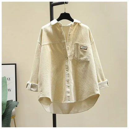 2023 frühling Herbst Cord Langarm-shirt für Frauen Koreanische Ausgabe Casual Mode Medium länge Shirts Weibliche Outwear Tops.