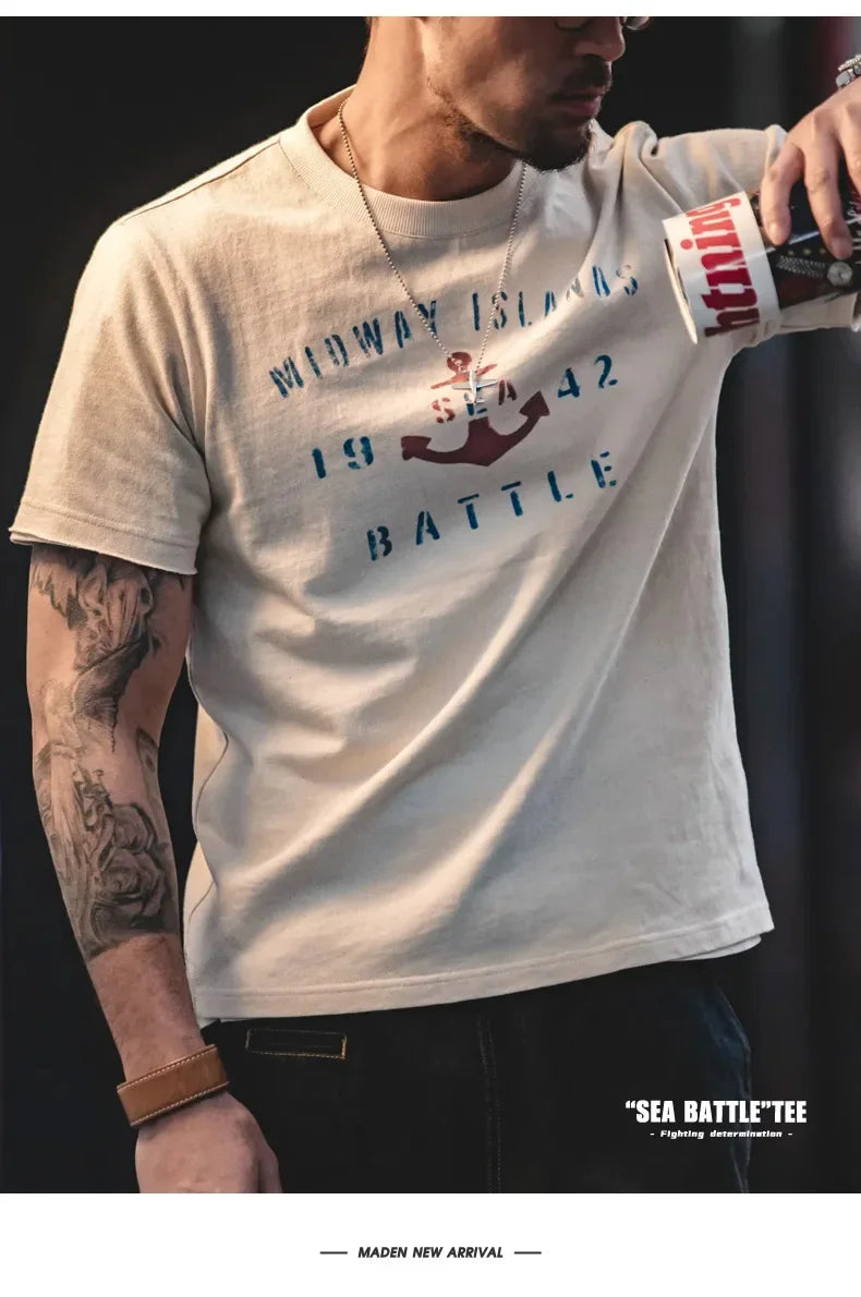 Maden Vintage Letter Print Cotton Short Sleeve T-Shirt Men's Summer Loose Fit Ribbed Crew Neck Tee Casual Street Tops for Daily.