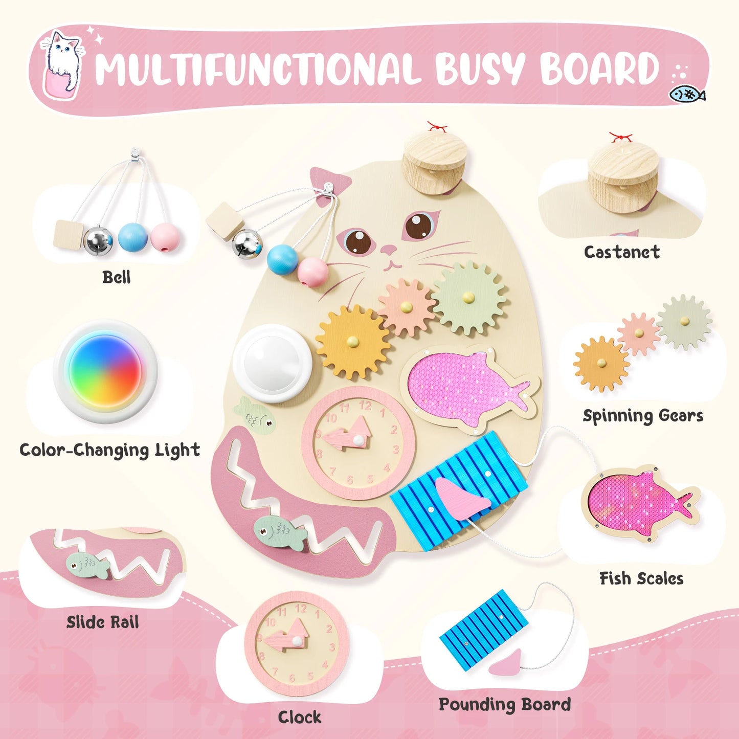 Montessori Board, Busy Board, Montessori Board, Sensory Board Wood Develop Fine Motor Skills For Children From 3 To 6 Years Old.