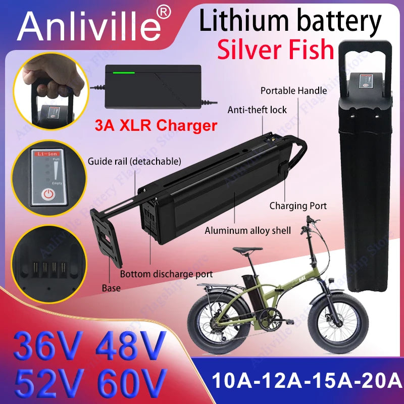 Silver Fish 36V/48V/52V/60V 10Ah 12Ah 15Ah 20A removable Lithium battery pack built-in BMS For 250W-1800W Folding E-two wheeler.