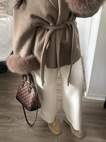 2025 Chic Revers Plüsch Mantel Mit Gürtel Frauen Vintage Feste Faux Pelz Hülse Tweed Offene Mäntel Weibliche Herbst Casual Straße outwear.