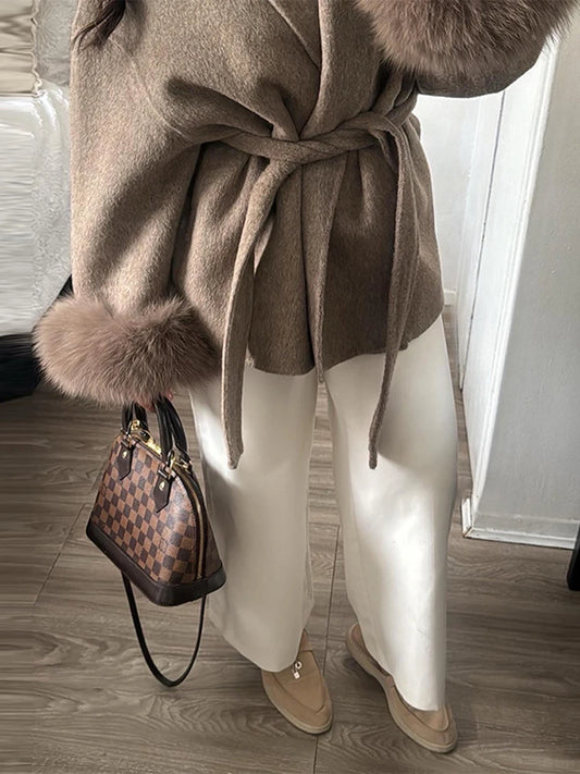 2025 Chic Revers Plüsch Mantel Mit Gürtel Frauen Vintage Feste Faux Pelz Hülse Tweed Offene Mäntel Weibliche Herbst Casual Straße outwear.