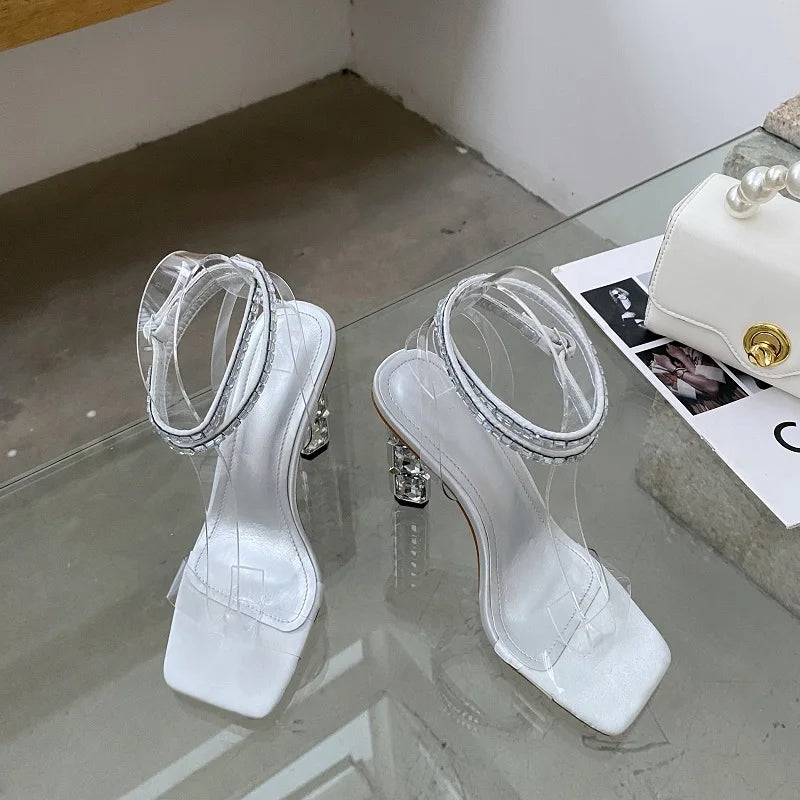 Eilyken Summer Crystal Embellished High Heel Sandals Women Diamond Open Toe Ankle Strap Silk Satin Rhinestone Banquet Shoes.