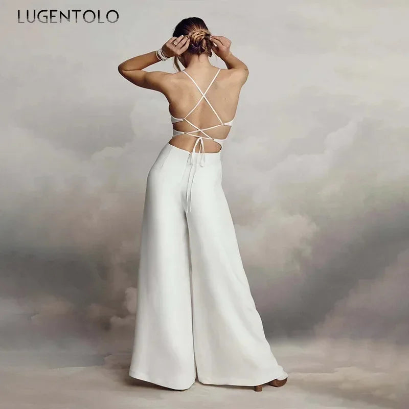 Women Sexy Jumpsuits Backless V-neck Spaghetti Strap Lace-up New Summer Sleeveless Elegant Street Wide-leg Pants Long Rompers.