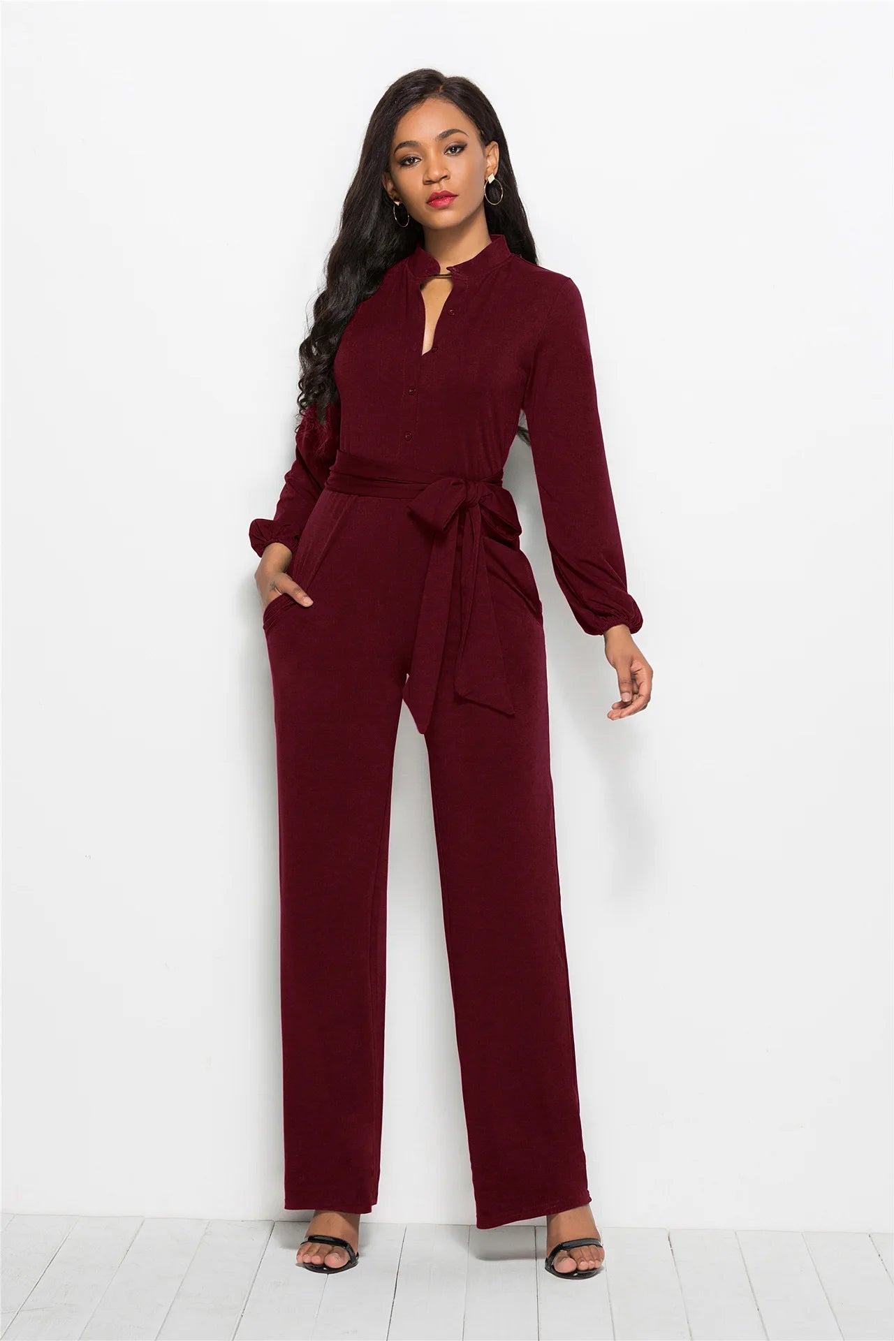 Temperament Solid Color Slim Jumpsuits Women Fashion Long Sleeve Buttons High Waist Leace-up Jumpsuit Ladies Commuting Clothing