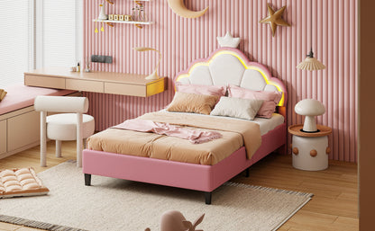 Lazyspace Samt-Polsterbett, LED-Kopfteil in Wolkenform mit dekorativer Krone, rosa Bettrahmen für Mädchen