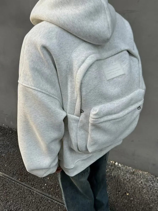 Streetwear fashion three-dimensional backpack casual hoodie Y2K autumn winter high street trend punk men's top loose sportswear.