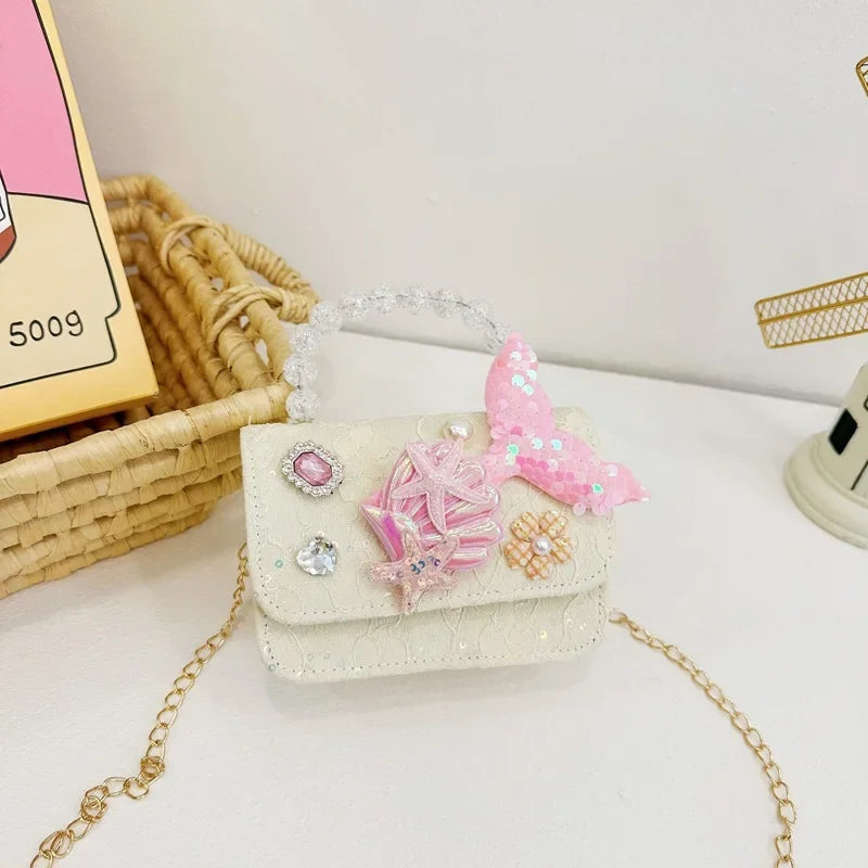 Lovely Sequin Girls Square Shoulder Bag Fish Tail Starfish Princess Crossbody Bags Bead Handle Children's Small Handbags Purse