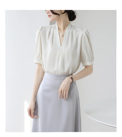 2025 Fashion Summer Short Sleeve V-Neck Women Blouse White Blouse Shirt Women Tops Blouses Shirts Blusas De Mujer Camisas P856.