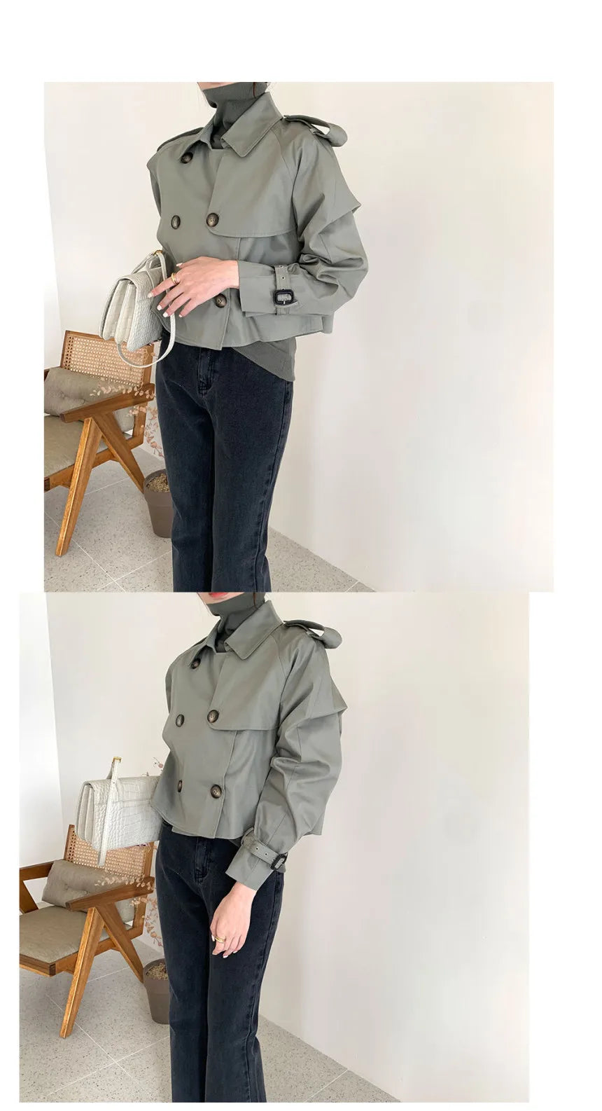 Vintage Zweireiher Graben Jacken Frauen Lose Chic Büro Dame Crop Tops Herbst Weibliche Mäntel Alle-spiel Lose Windjacke.