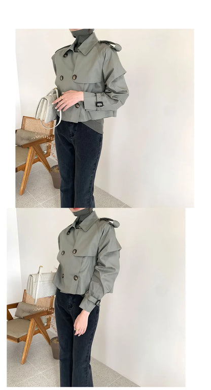 Vintage Zweireiher Graben Jacken Frauen Lose Chic Büro Dame Crop Tops Herbst Weibliche Mäntel Alle-spiel Lose Windjacke.