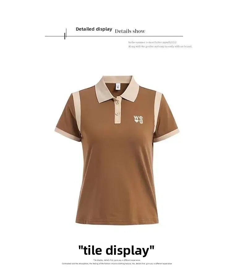 Fashionable Short Sleeve Polo Shirt Women's Summer Sporty Hong Kong Style Top High End Mixed Fabric Slim Fit T-Shirt
