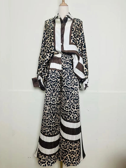 Designer's retro geometric print loose shirt two-piece set for Spring 2025 women's wear + pleated wide-leg pants fashion set.