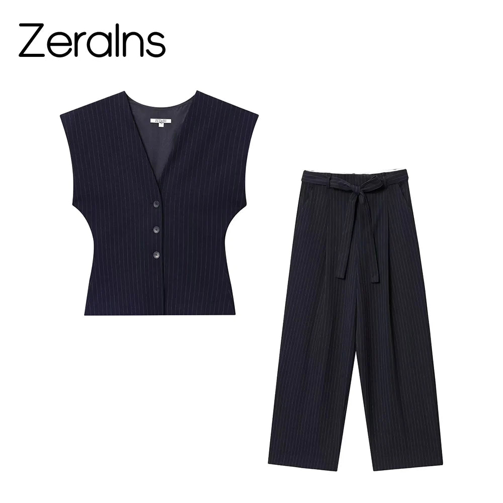 ZERAINS Autumn women's sleeveless V-neck short vest loose fit with waistband pleated high waisted pants set.
